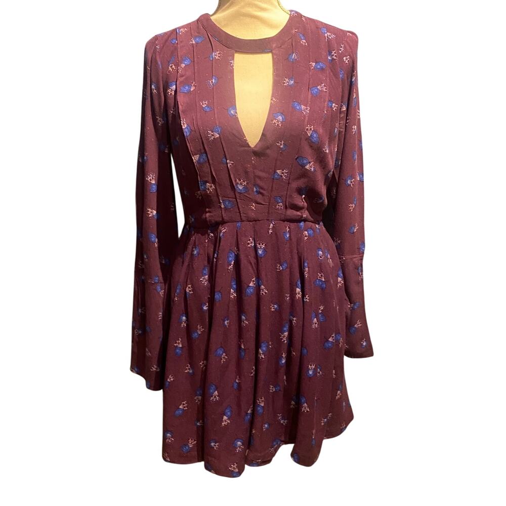 Free People Size 4 Long Sleeve Plum Floral Dress Pockets Fall Fit & Flare Boho